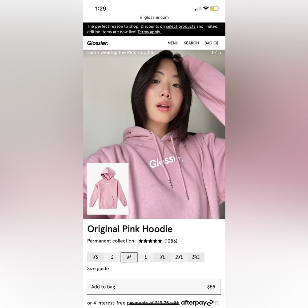 Glossier Original Pink Hoodie in size Medium
